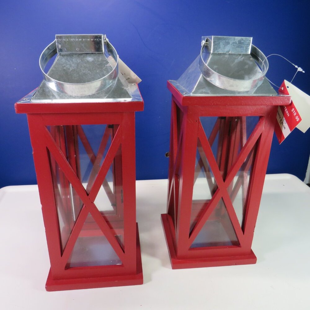 (2) Red Wood & Glass Lanterns w metal hinges Farmhouse Winter Holiday - Picture 3 of 16